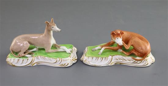 A pair of Copeland & Garrett porcelain figures of greyhounds, c.1833-47, L. 12.7cm and 12.2cm
